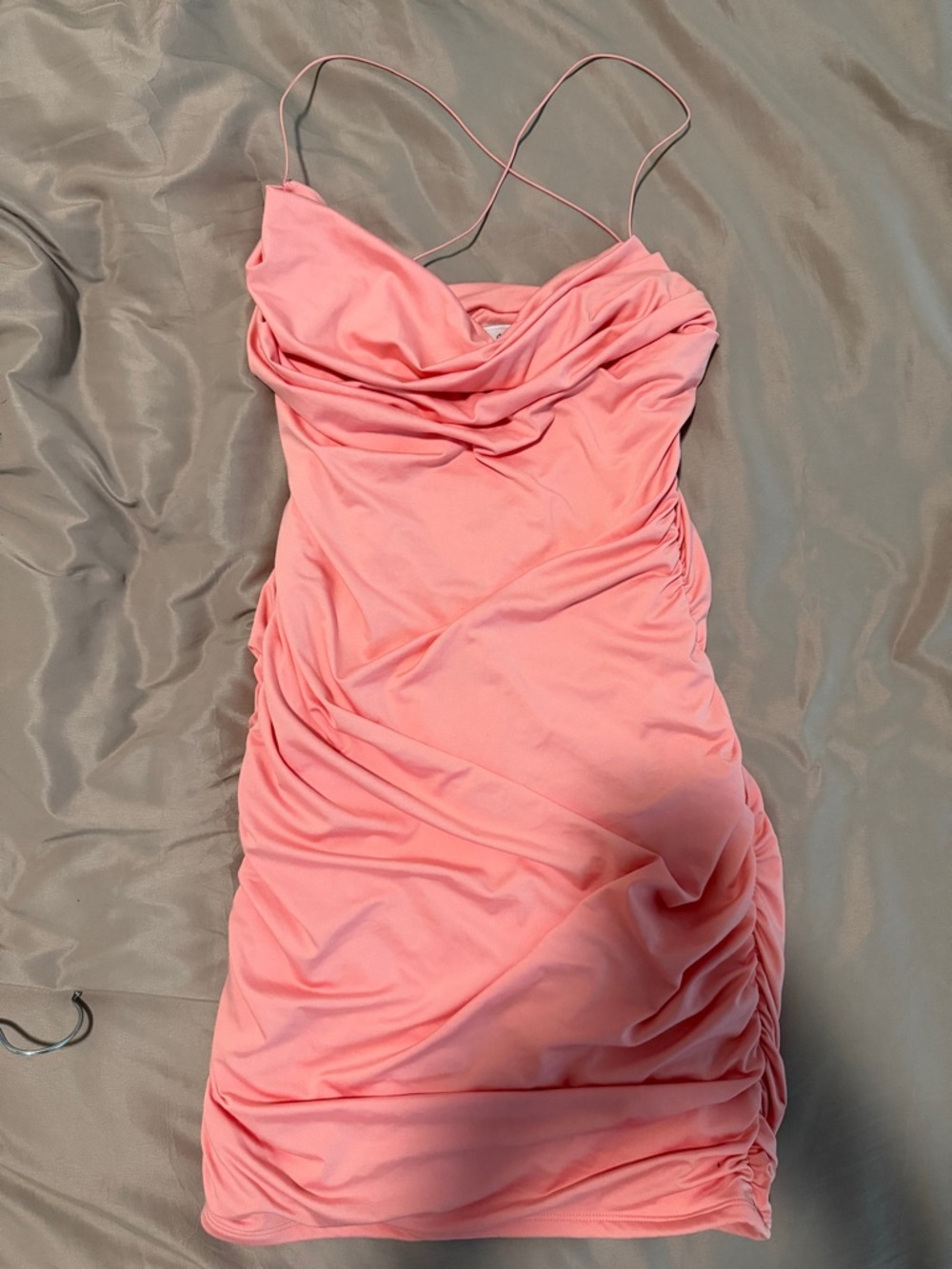 Ruched Coral Pink Cowl Neck Mini Dress